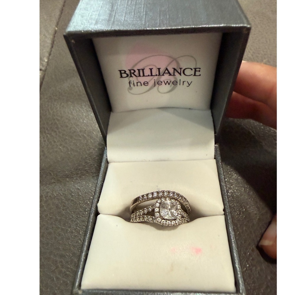 Brilliance Fine Jewelry 925 Sterling Silver Cushion Cut CZ Halo Bridal Ring Set
